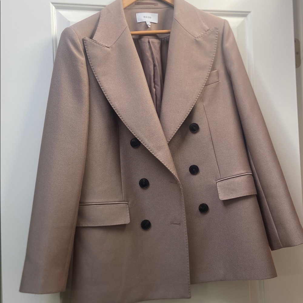 Reiss Taupe Double-Breasted Blazer with Black Buttons